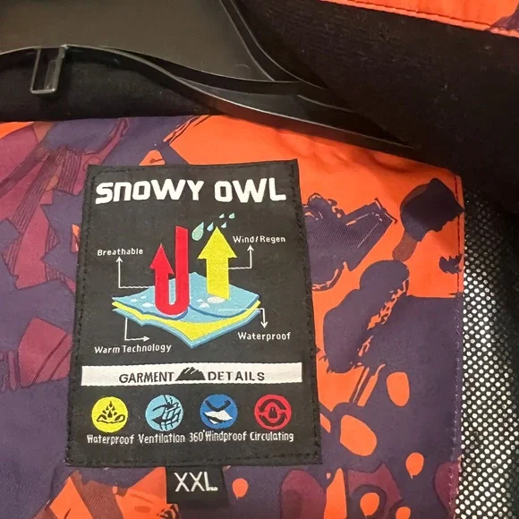 Snowy Owl‎ Ski Snowboard Hooded Colorful Puzzles Insulated Waterproof Jacket XL